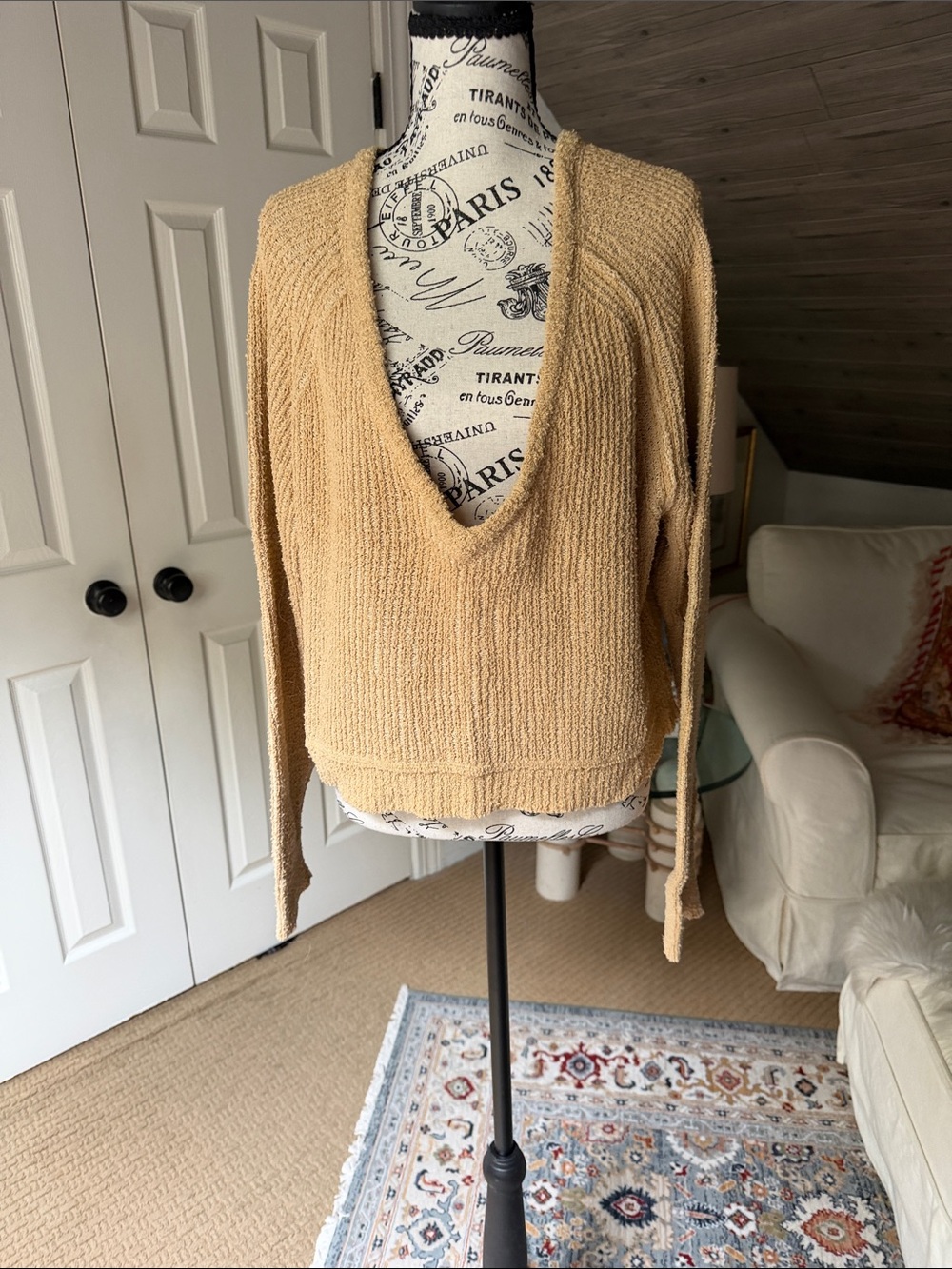 Free People Deep V-Neck Textured Knit Sweater - Camel